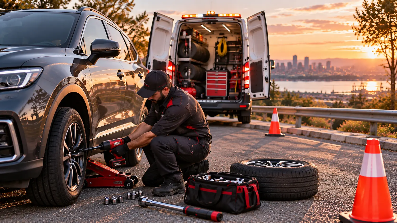 Gece yol kenarında mobil lastik yol yardım servis aracı
