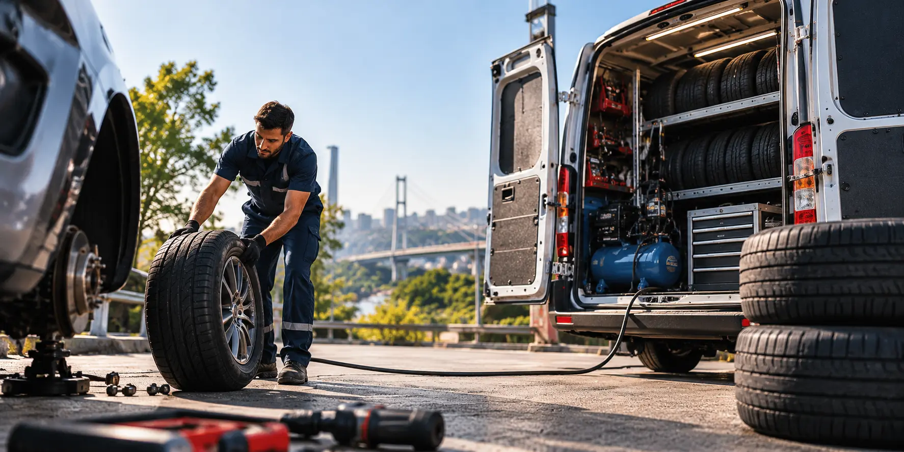 Yerinde mobil lastik değişimi yapan servis ekibi